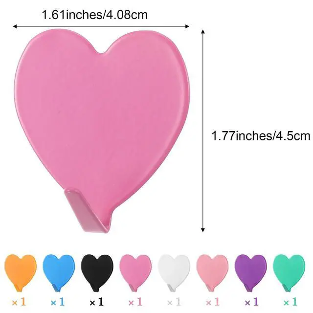 Alt view image 2 of 7 - 8 PCS Heart Shaped Decorative Cute Wall Hooks Adhesive 6 Colors | Small Stainless Steel Wall Hook Kawaii Decor, Purse Hanger for Girls Dormitory Home Kitchen Bathroom Office Pink Blue White