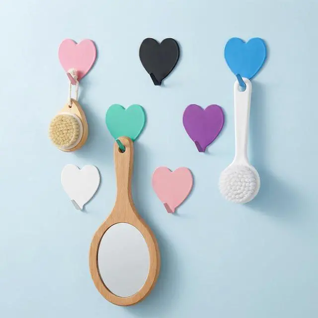 Alt view image 5 of 7 - 8 PCS Heart Shaped Decorative Cute Wall Hooks Adhesive 6 Colors | Small Stainless Steel Wall Hook Kawaii Decor, Purse Hanger for Girls Dormitory Home Kitchen Bathroom Office Pink Blue White