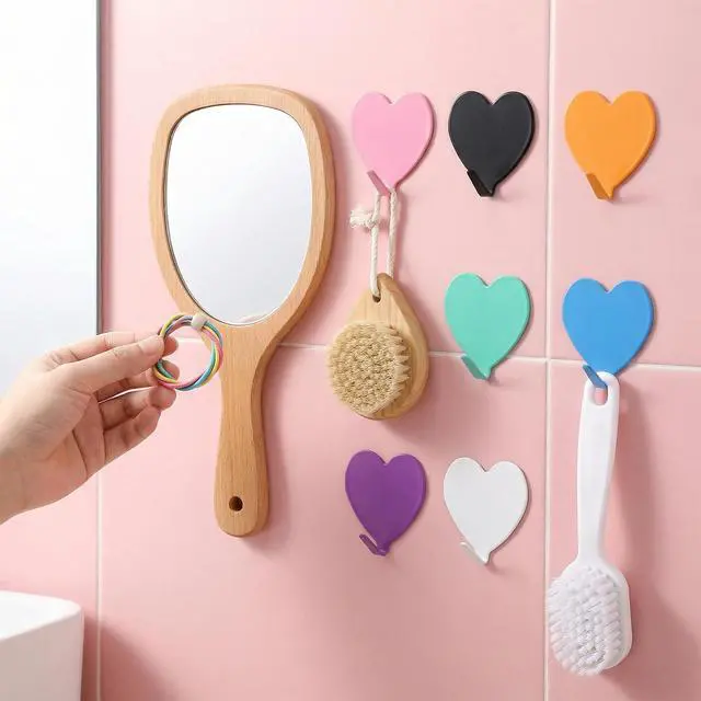 Alt view image 4 of 7 - 8 PCS Heart Shaped Decorative Cute Wall Hooks Adhesive 6 Colors | Small Stainless Steel Wall Hook Kawaii Decor, Purse Hanger for Girls Dormitory Home Kitchen Bathroom Office Pink Blue White