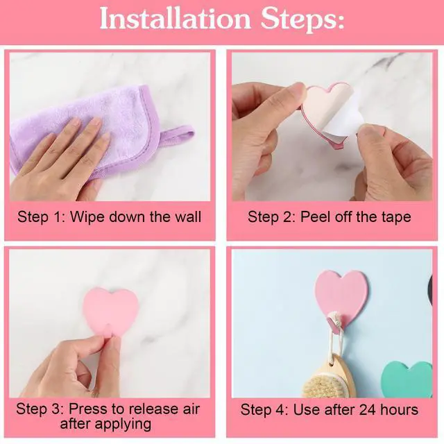 Alt view image 6 of 7 - 8 PCS Heart Shaped Decorative Cute Wall Hooks Adhesive 6 Colors | Small Stainless Steel Wall Hook Kawaii Decor, Purse Hanger for Girls Dormitory Home Kitchen Bathroom Office Pink Blue White