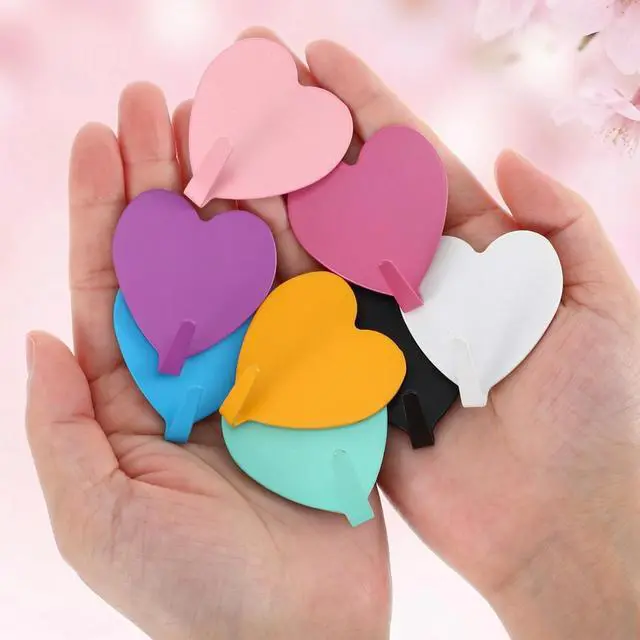 Alt view image 7 of 7 - 8 PCS Heart Shaped Decorative Cute Wall Hooks Adhesive 6 Colors | Small Stainless Steel Wall Hook Kawaii Decor, Purse Hanger for Girls Dormitory Home Kitchen Bathroom Office Pink Blue White