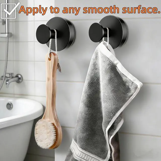 Alt view image 4 of 7 - Suction Cup Hooks for Shower,10LB Max Capacity Shower Hooks-Black | 2pcs Stainless Steel Adhesive Towel Hooks for Smooth Surface Bathroom Wall, Kitchen, Glass, Mirrors,Tile