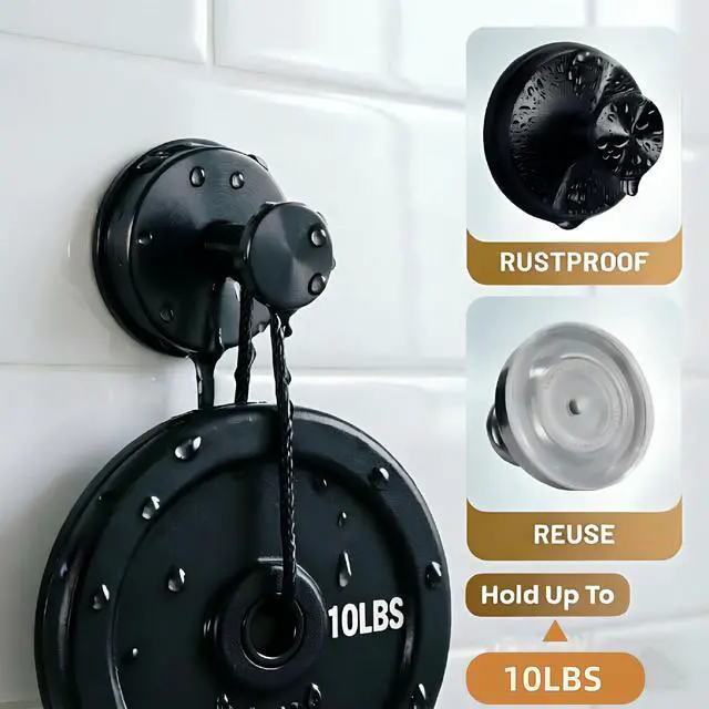 Alt view image 3 of 7 - Suction Cup Hooks for Shower,10LB Max Capacity Shower Hooks-Black | 2pcs Stainless Steel Adhesive Towel Hooks for Smooth Surface Bathroom Wall, Kitchen, Glass, Mirrors,Tile