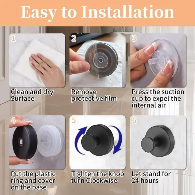 Alt view image 6 of 7 - Suction Cup Hooks for Shower,10LB Max Capacity Shower Hooks-Black | 2pcs Stainless Steel Adhesive Towel Hooks for Smooth Surface Bathroom Wall, Kitchen, Glass, Mirrors,Tile