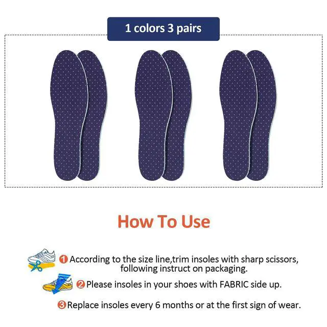 Alt view image 2 of 7 - 3 Pairs Breathable Shoe Insoles Inserts for Women Men,Navy Blue | Breathable Perforated Inserts for Women Men, Double-Layer Latex Foam, Replacement Insoles for Men 7-11 Woman 2-8, Cuttable