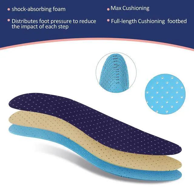 Alt view image 6 of 7 - 3 Pairs Breathable Shoe Insoles Inserts for Women Men,Navy Blue | Breathable Perforated Inserts for Women Men, Double-Layer Latex Foam, Replacement Insoles for Men 7-11 Woman 2-8, Cuttable
