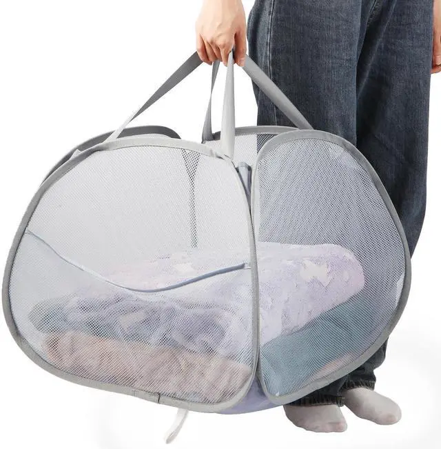 Main image of Collapsible Laundry Baskets, 90L Large Foldable Laundry Basket, Durable Mesh Pop Up Hampers for Laundry, Dirty Clothes Laundry Hamper for Bedroom, Bathroom, Dorm, Laundry Room, Travel or Camping Grey