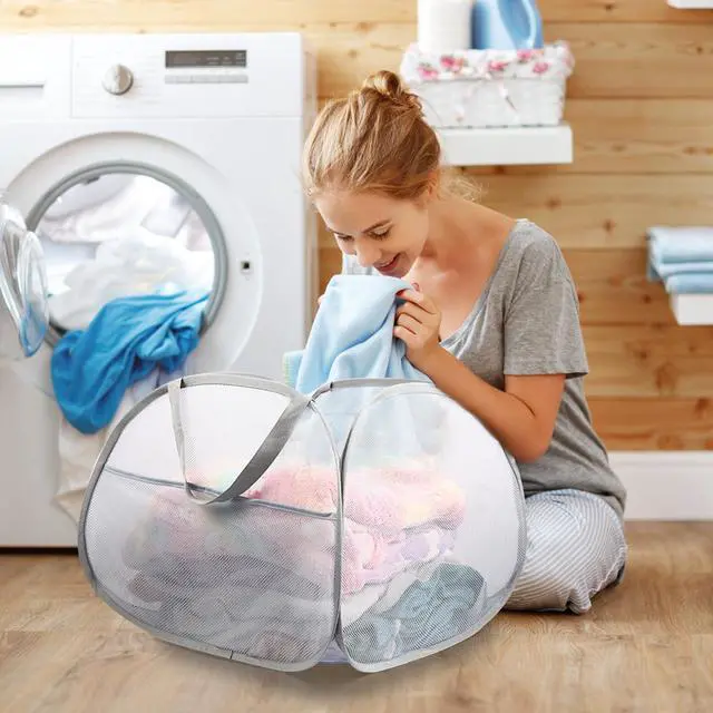 Alt view image 2 of 7 - Collapsible Laundry Baskets, 90L Large Foldable Laundry Basket, Durable Mesh Pop Up Hampers for Laundry, Dirty Clothes Laundry Hamper for Bedroom, Bathroom, Dorm, Laundry Room, Travel or Camping Grey