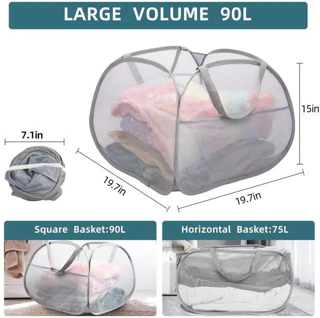 Alt view image 3 of 7 - Collapsible Laundry Baskets, 90L Large Foldable Laundry Basket, Durable Mesh Pop Up Hampers for Laundry, Dirty Clothes Laundry Hamper for Bedroom, Bathroom, Dorm, Laundry Room, Travel or Camping Grey