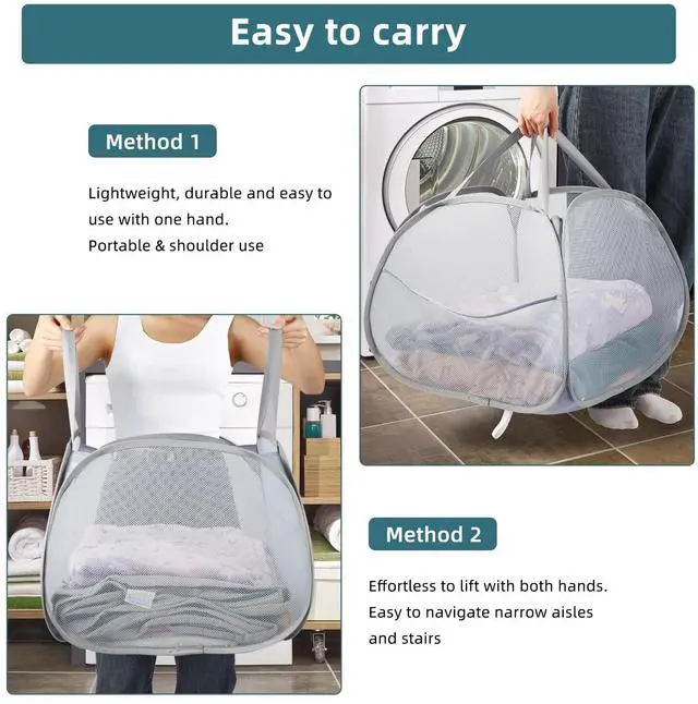 Alt view image 6 of 7 - Collapsible Laundry Baskets, 90L Large Foldable Laundry Basket, Durable Mesh Pop Up Hampers for Laundry, Dirty Clothes Laundry Hamper for Bedroom, Bathroom, Dorm, Laundry Room, Travel or Camping Grey