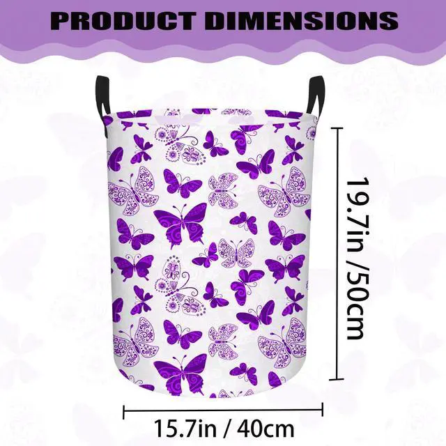 Alt view image 2 of 7 - Butterfly Laundry Basket, Baby Hamper Purple | Large Capacity, Portable, Durable, Girls Room Decor, For Bedroom & Nursery