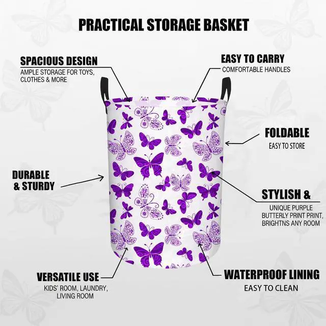Alt view image 3 of 7 - Butterfly Laundry Basket, Baby Hamper Purple | Large Capacity, Portable, Durable, Girls Room Decor, For Bedroom & Nursery