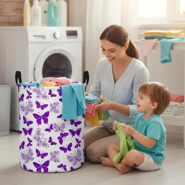 Alt view image 6 of 7 - Butterfly Laundry Basket, Baby Hamper Purple | Large Capacity, Portable, Durable, Girls Room Decor, For Bedroom & Nursery