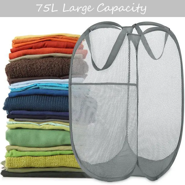 Alt view image 2 of 7 - Deluxe Strong Mesh Pop up Laundry Hamper Basket with Side Pocket for Laundry Room, Bathroom, Kids Room, College Dorm or Travel Grey