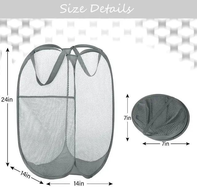 Alt view image 4 of 7 - Deluxe Strong Mesh Pop up Laundry Hamper Basket with Side Pocket for Laundry Room, Bathroom, Kids Room, College Dorm or Travel Grey