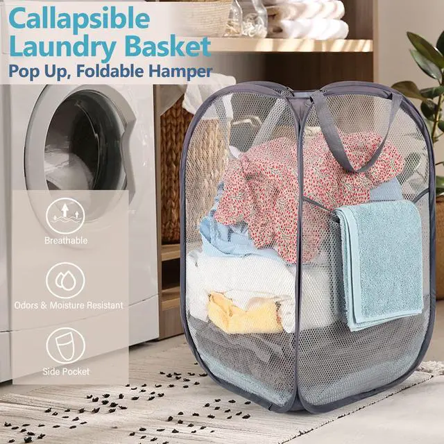 Alt view image 5 of 7 - Deluxe Strong Mesh Pop up Laundry Hamper Basket with Side Pocket for Laundry Room, Bathroom, Kids Room, College Dorm or Travel Grey