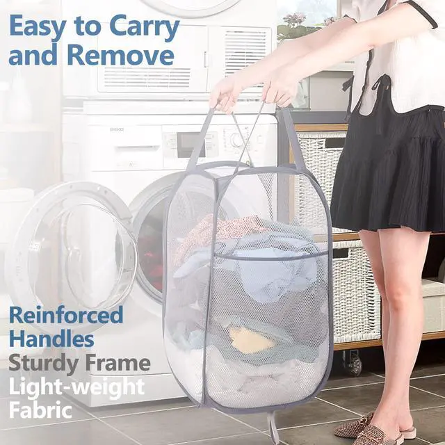 Alt view image 3 of 7 - Deluxe Strong Mesh Pop up Laundry Hamper Basket with Side Pocket for Laundry Room, Bathroom, Kids Room, College Dorm or Travel Grey