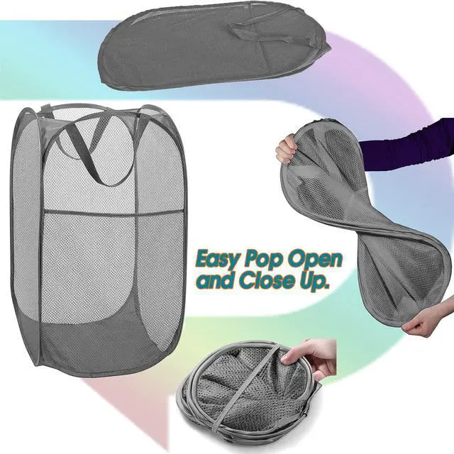 Alt view image 6 of 7 - Deluxe Strong Mesh Pop up Laundry Hamper Basket with Side Pocket for Laundry Room, Bathroom, Kids Room, College Dorm or Travel Grey
