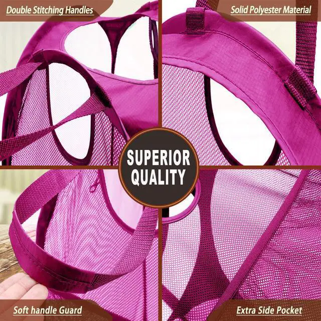 Alt view image 5 of 7 - Strong Mesh Pop Up Laundry Hamper, 70L Collapsible Laundry Basket with Steel Frame, DoubleStitched Handles & Side Pocket, Foldable Dirty Clothes Hamper for Dorm, Bedroom, Pink