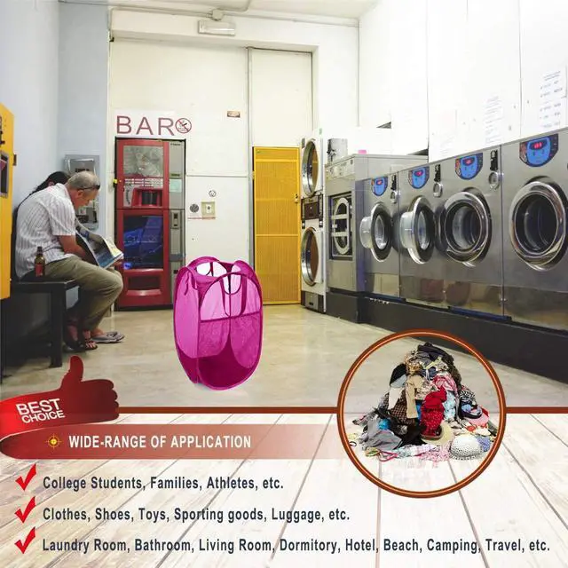 Alt view image 7 of 7 - Strong Mesh Pop Up Laundry Hamper, 70L Collapsible Laundry Basket with Steel Frame, DoubleStitched Handles & Side Pocket, Foldable Dirty Clothes Hamper for Dorm, Bedroom, Pink