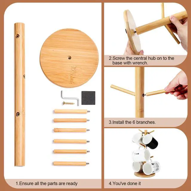 Alt view image 3 of 7 - Bamboo Mug Tree Holder, Upgraded Screw Type 6 Hooks Coffee Mug Holders | Decorative Mug Racks for Counter, Non-Slip Coffee Mug Cup Trees