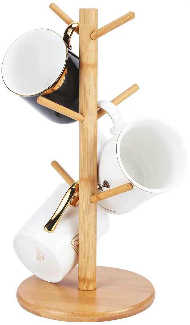 Main image of Bamboo Mug Tree Holder, Upgraded Screw Type 6 Hooks Coffee Mug Holders | Decorative Mug Racks for Counter, Non-Slip Coffee Mug Cup Trees