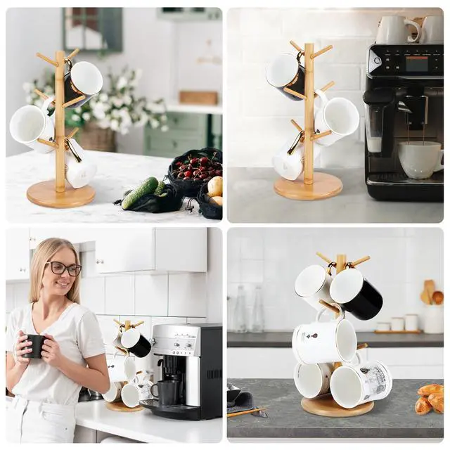 Alt view image 7 of 7 - Bamboo Mug Tree Holder, Upgraded Screw Type 6 Hooks Coffee Mug Holders | Decorative Mug Racks for Counter, Non-Slip Coffee Mug Cup Trees