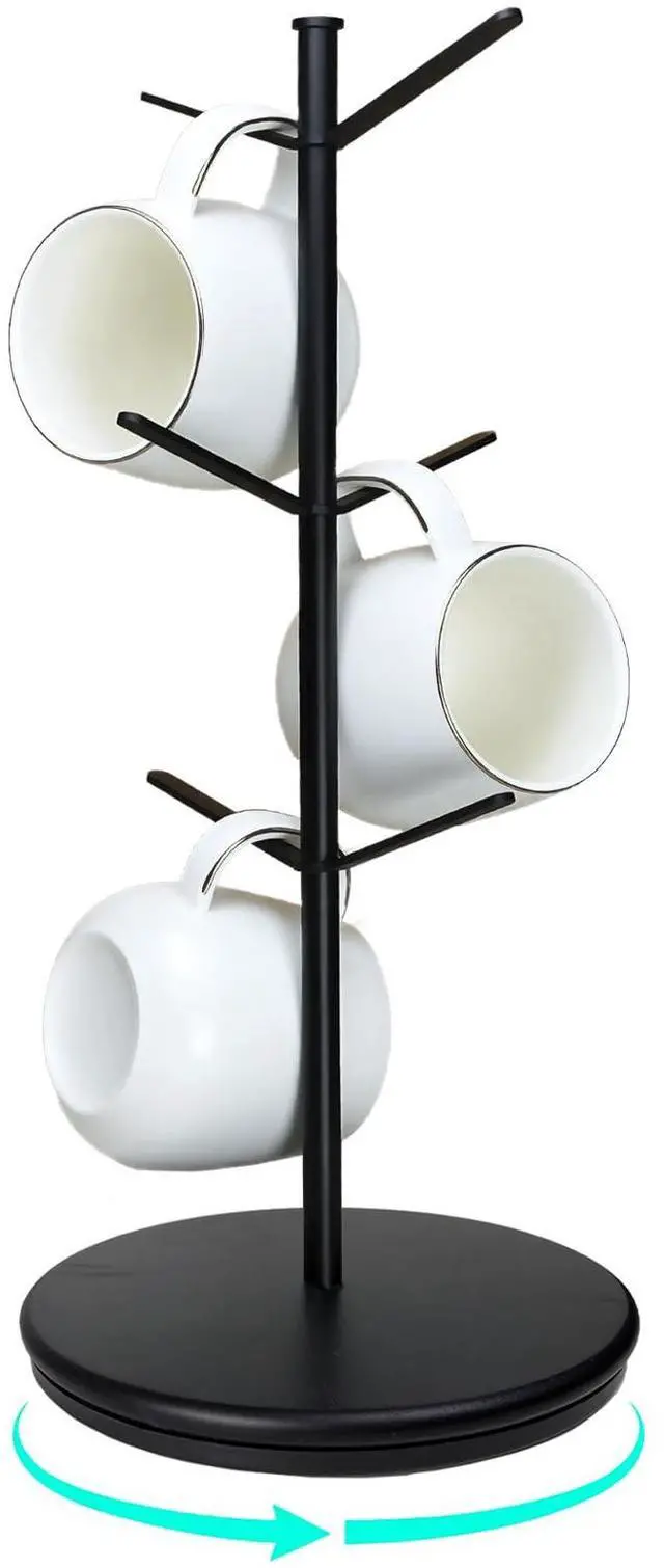 Main image of 360° Rotating Mug Tree, 6 Hooks Upgraded Stable Metal Mug Holder, Bamboo Base Coffee Mug Cup Rack for Counter Top, Mug Display, Home Storage and Cup Organizer, Black
