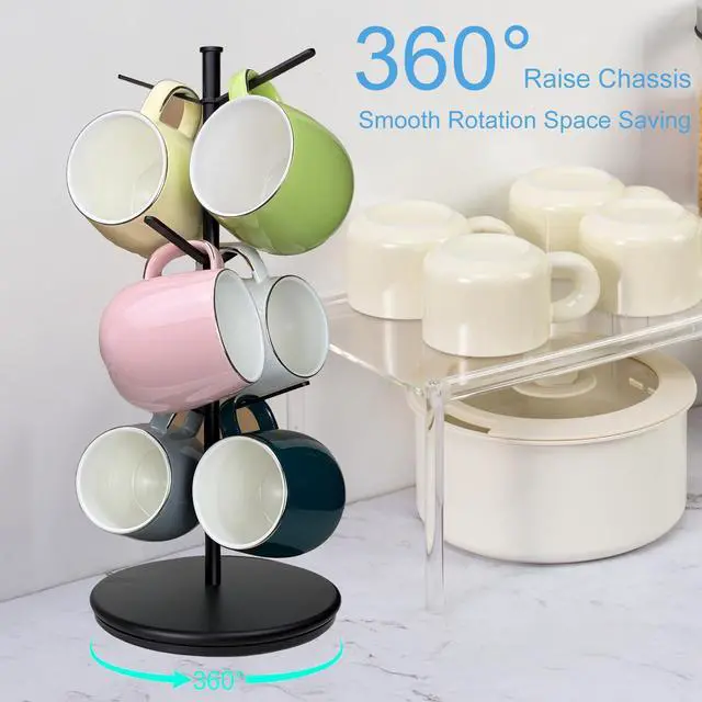 Alt view image 2 of 6 - 360° Rotating Mug Tree, 6 Hooks Upgraded Stable Metal Mug Holder, Bamboo Base Coffee Mug Cup Rack for Counter Top, Mug Display, Home Storage and Cup Organizer, Black