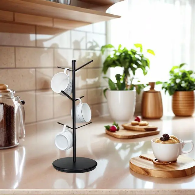 Alt view image 4 of 6 - 360° Rotating Mug Tree, 6 Hooks Upgraded Stable Metal Mug Holder, Bamboo Base Coffee Mug Cup Rack for Counter Top, Mug Display, Home Storage and Cup Organizer, Black
