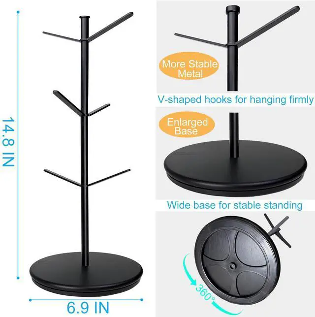 Alt view image 5 of 6 - 360° Rotating Mug Tree, 6 Hooks Upgraded Stable Metal Mug Holder, Bamboo Base Coffee Mug Cup Rack for Counter Top, Mug Display, Home Storage and Cup Organizer, Black