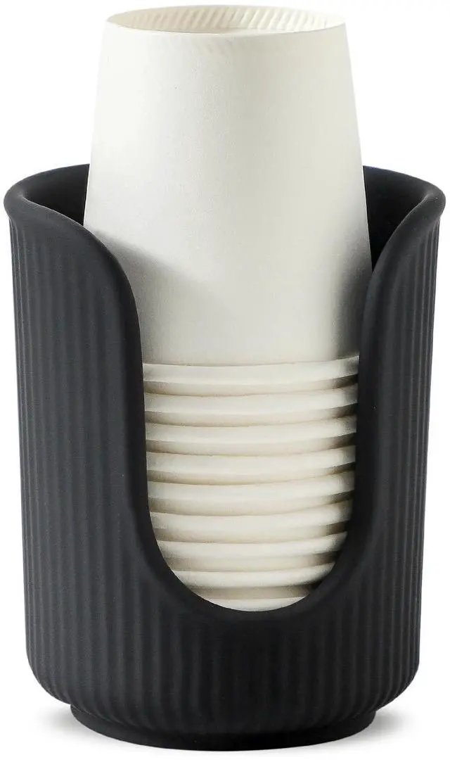 Main image of Ceramic Bathroom Cup Dispenser with Stylish Vertical Stripes - Disposable Mouthwash Cup Holder Holds 3-4oz Paper Cups for Rinsing Cups on Bathroom Vanity Countertops (Matte Black)
