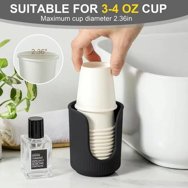 Alt view image 3 of 7 - Ceramic Bathroom Cup Dispenser with Stylish Vertical Stripes - Disposable Mouthwash Cup Holder Holds 3-4oz Paper Cups for Rinsing Cups on Bathroom Vanity Countertops (Matte Black)