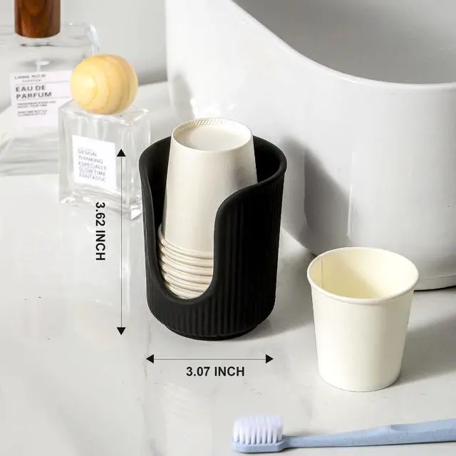 Alt view image 5 of 7 - Ceramic Bathroom Cup Dispenser with Stylish Vertical Stripes - Disposable Mouthwash Cup Holder Holds 3-4oz Paper Cups for Rinsing Cups on Bathroom Vanity Countertops (Matte Black)