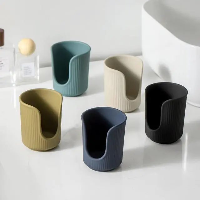 Alt view image 6 of 7 - Ceramic Bathroom Cup Dispenser with Stylish Vertical Stripes - Disposable Mouthwash Cup Holder Holds 3-4oz Paper Cups for Rinsing Cups on Bathroom Vanity Countertops (Matte Black)