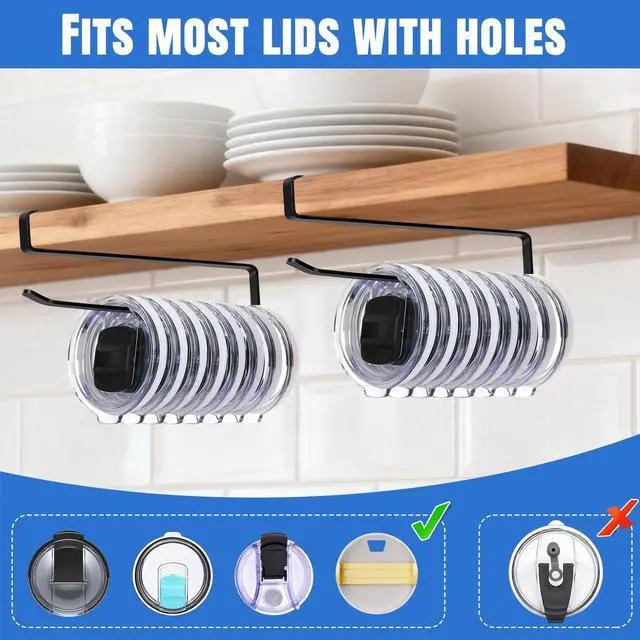 Alt view image 4 of 7 - 2 Pack Tumbler Lid Organizer, No Adhesive or Drilling, Kitchen Space Saver | Versatile Cup & Water Bottle Lid Holder, Under Cabinet Storage, Black