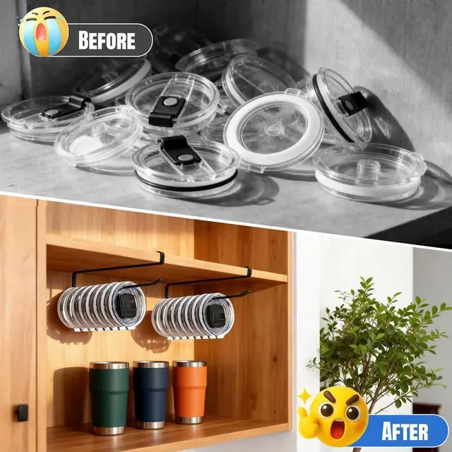 Alt view image 5 of 7 - 2 Pack Tumbler Lid Organizer, No Adhesive or Drilling, Kitchen Space Saver | Versatile Cup & Water Bottle Lid Holder, Under Cabinet Storage, Black
