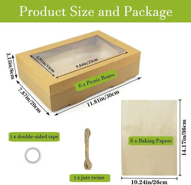 Alt view image 3 of 7 - 12x8x3 Inch Kraft Picnic Bakery Takeout Boxes with Window, 6 Packs | See-through Charcuterie Boxes, Reusable Gift Containers for Pies, Pizza, Fruits, Muffins, Pastries and Half Sheet Cake