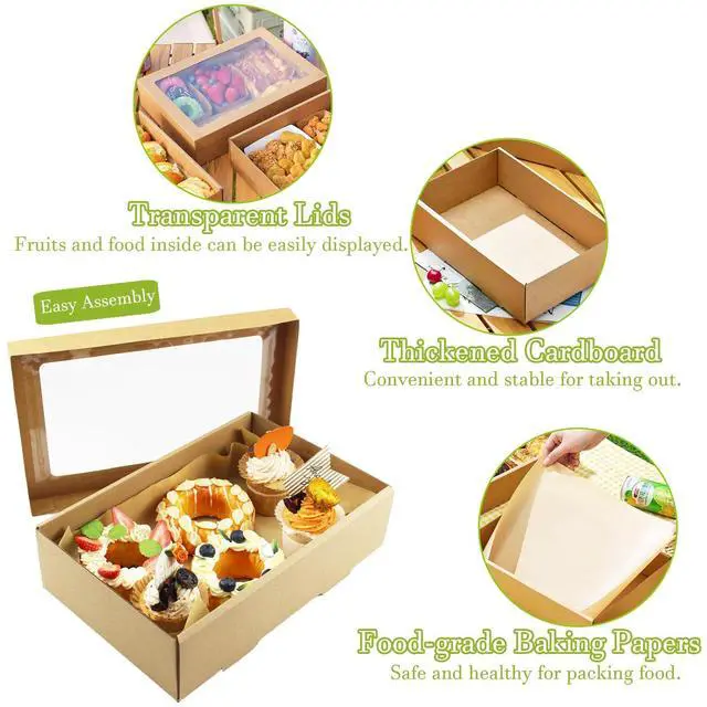 Alt view image 4 of 7 - 12x8x3 Inch Kraft Picnic Bakery Takeout Boxes with Window, 6 Packs | See-through Charcuterie Boxes, Reusable Gift Containers for Pies, Pizza, Fruits, Muffins, Pastries and Half Sheet Cake