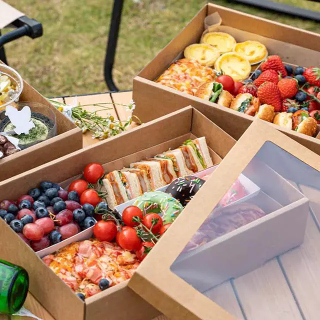 Alt view image 2 of 7 - 12x8x3 Inch Kraft Picnic Bakery Takeout Boxes with Window, 6 Packs | See-through Charcuterie Boxes, Reusable Gift Containers for Pies, Pizza, Fruits, Muffins, Pastries and Half Sheet Cake