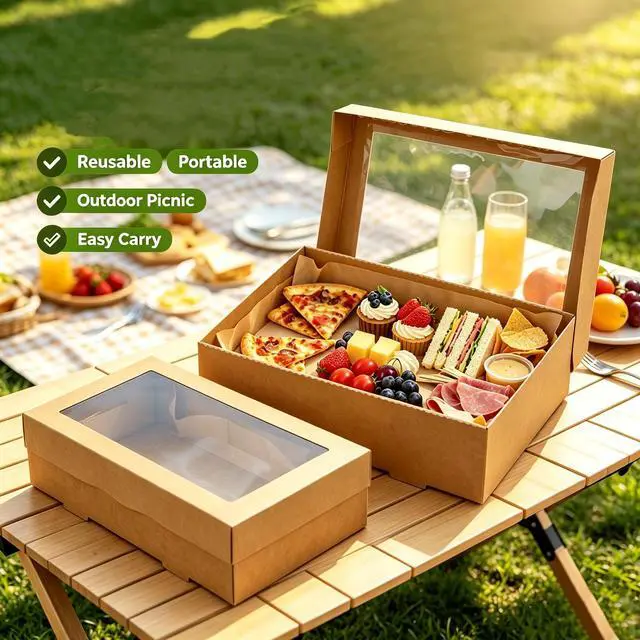 Alt view image 5 of 7 - 12x8x3 Inch Kraft Picnic Bakery Takeout Boxes with Window, 6 Packs | See-through Charcuterie Boxes, Reusable Gift Containers for Pies, Pizza, Fruits, Muffins, Pastries and Half Sheet Cake