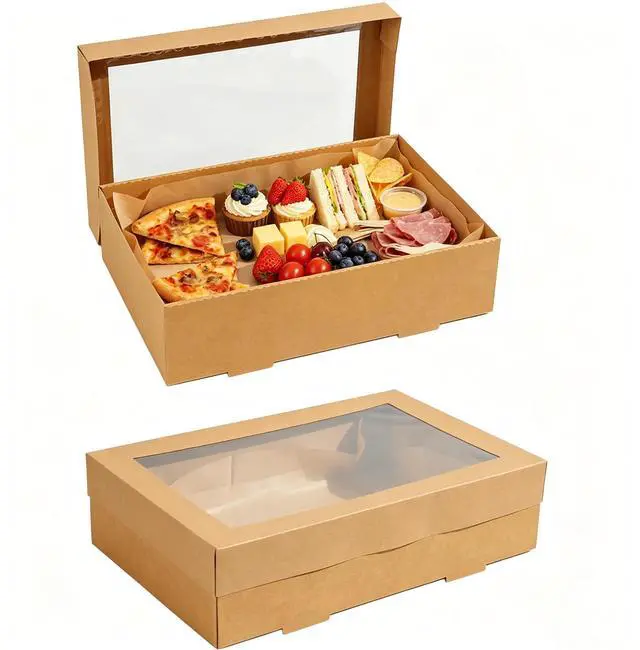Main image of 12x8x3 Inch Kraft Picnic Bakery Takeout Boxes with Window, 6 Packs | See-through Charcuterie Boxes, Reusable Gift Containers for Pies, Pizza, Fruits, Muffins, Pastries and Half Sheet Cake