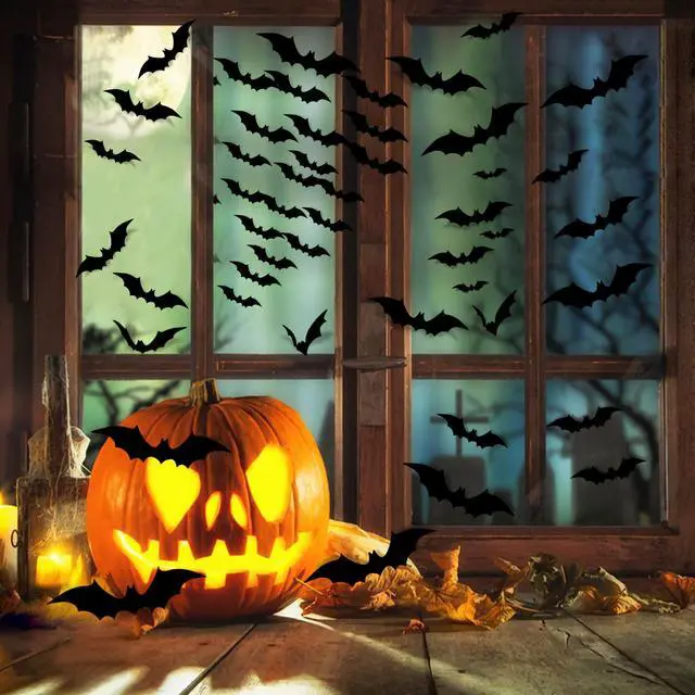 Alt view image 2 of 7 - 140Pcs 3D Bats Halloween Decorations Realistic PVC Wall Decor | Black Scary Bat Stickers, DIY Party Supplies, Indoor Bathroom Creepy Home Decor