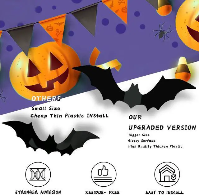Alt view image 4 of 7 - 140Pcs 3D Bats Halloween Decorations Realistic PVC Wall Decor | Black Scary Bat Stickers, DIY Party Supplies, Indoor Bathroom Creepy Home Decor
