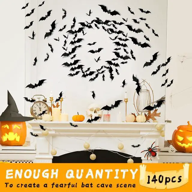 Alt view image 3 of 7 - 140Pcs 3D Bats Halloween Decorations Realistic PVC Wall Decor | Black Scary Bat Stickers, DIY Party Supplies, Indoor Bathroom Creepy Home Decor