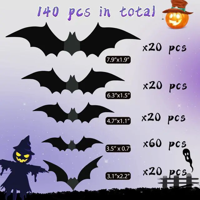 Alt view image 5 of 7 - 140Pcs 3D Bats Halloween Decorations Realistic PVC Wall Decor | Black Scary Bat Stickers, DIY Party Supplies, Indoor Bathroom Creepy Home Decor