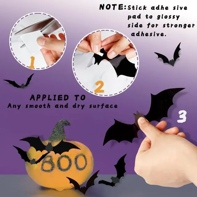 Alt view image 6 of 7 - 140Pcs 3D Bats Halloween Decorations Realistic PVC Wall Decor | Black Scary Bat Stickers, DIY Party Supplies, Indoor Bathroom Creepy Home Decor