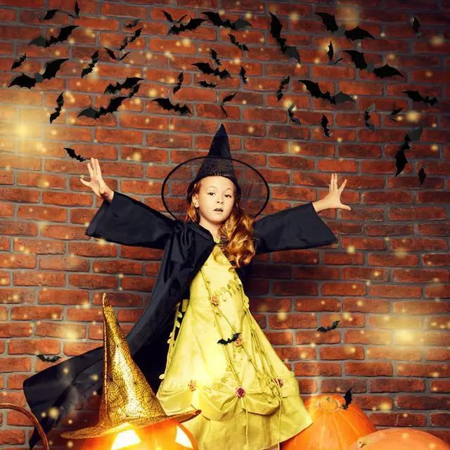 Alt view image 7 of 7 - 140Pcs 3D Bats Halloween Decorations Realistic PVC Wall Decor | Black Scary Bat Stickers, DIY Party Supplies, Indoor Bathroom Creepy Home Decor