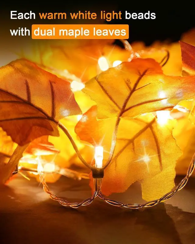 Alt view image 2 of 7 - Fall Decor 3-Pack Fall Leaf Garland with Lights, Total 24.6ft 60 LED Halloween String Lights, Thanksgiving Decorations for Home Holiday Autumn Indoor Friendsgiving Gift