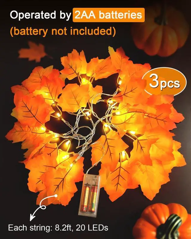 Alt view image 3 of 7 - Fall Decor 3-Pack Fall Leaf Garland with Lights, Total 24.6ft 60 LED Halloween String Lights, Thanksgiving Decorations for Home Holiday Autumn Indoor Friendsgiving Gift